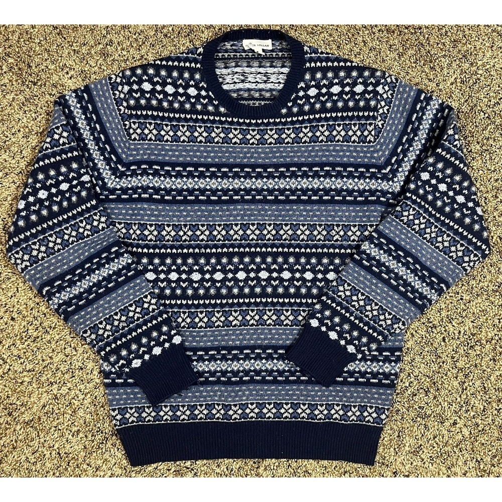 Peter Millar Men's Blue Bellows Fair Isle Crewneck Wool Sweater Size Medium‎